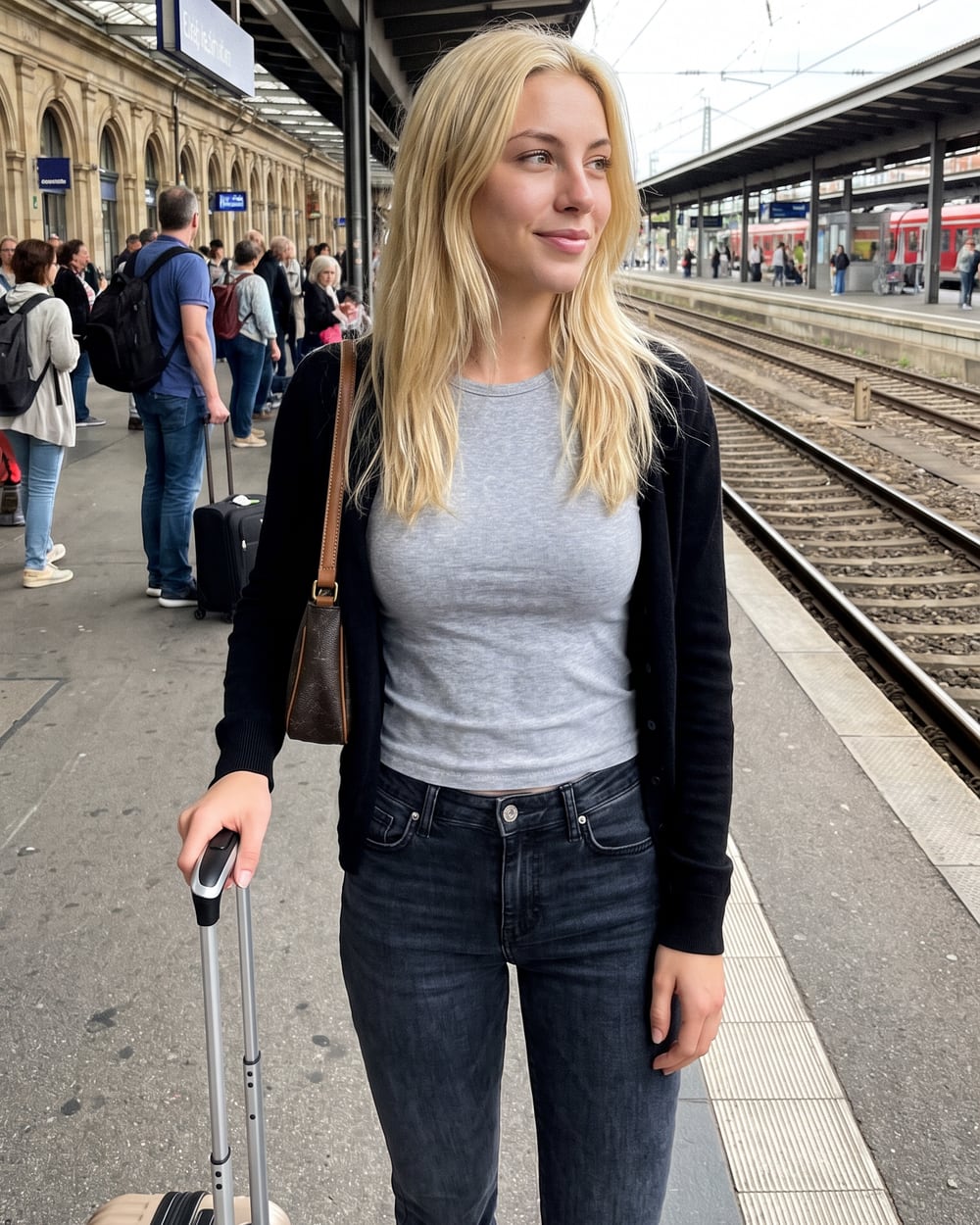 Me traveling with a suitcase at a train station