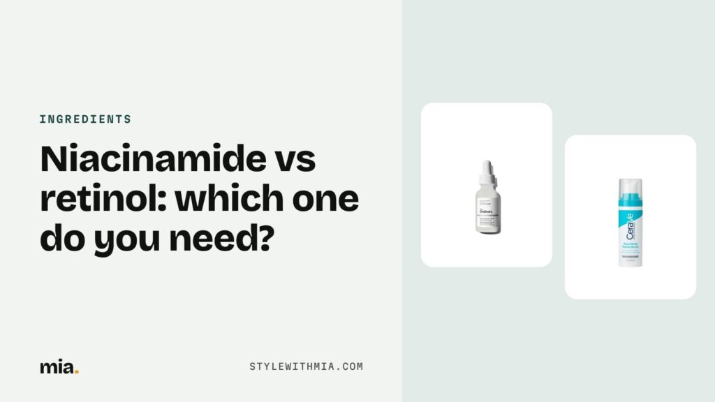 A niacinamide serum next to a retinol serum
