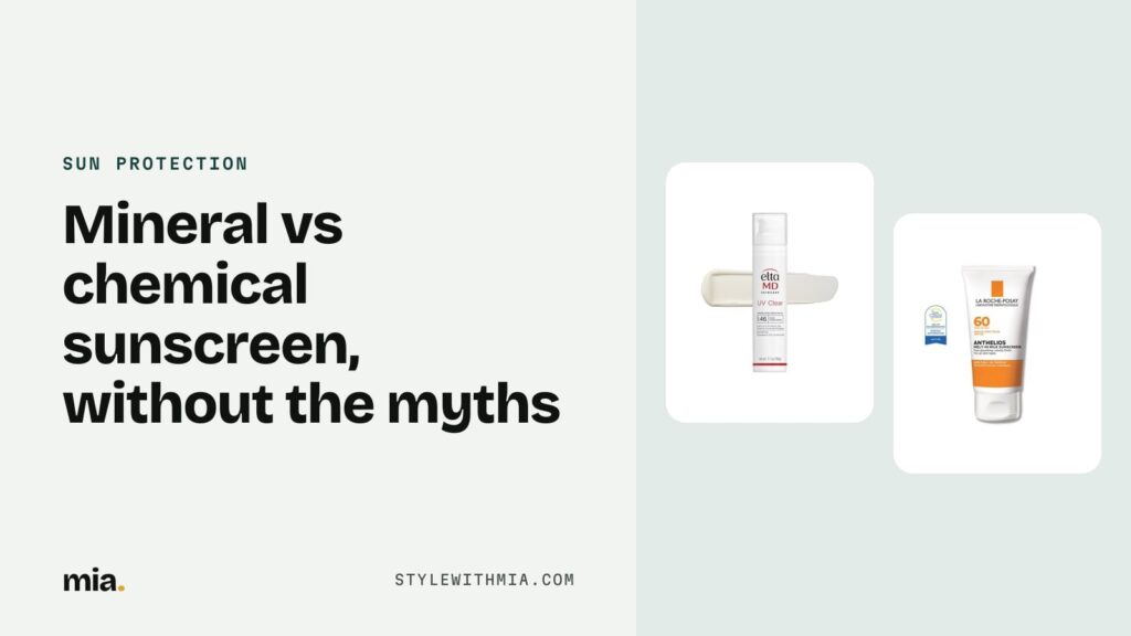 A zinc oxide hybrid facial sunscreen next to a chemical sunscreen milk